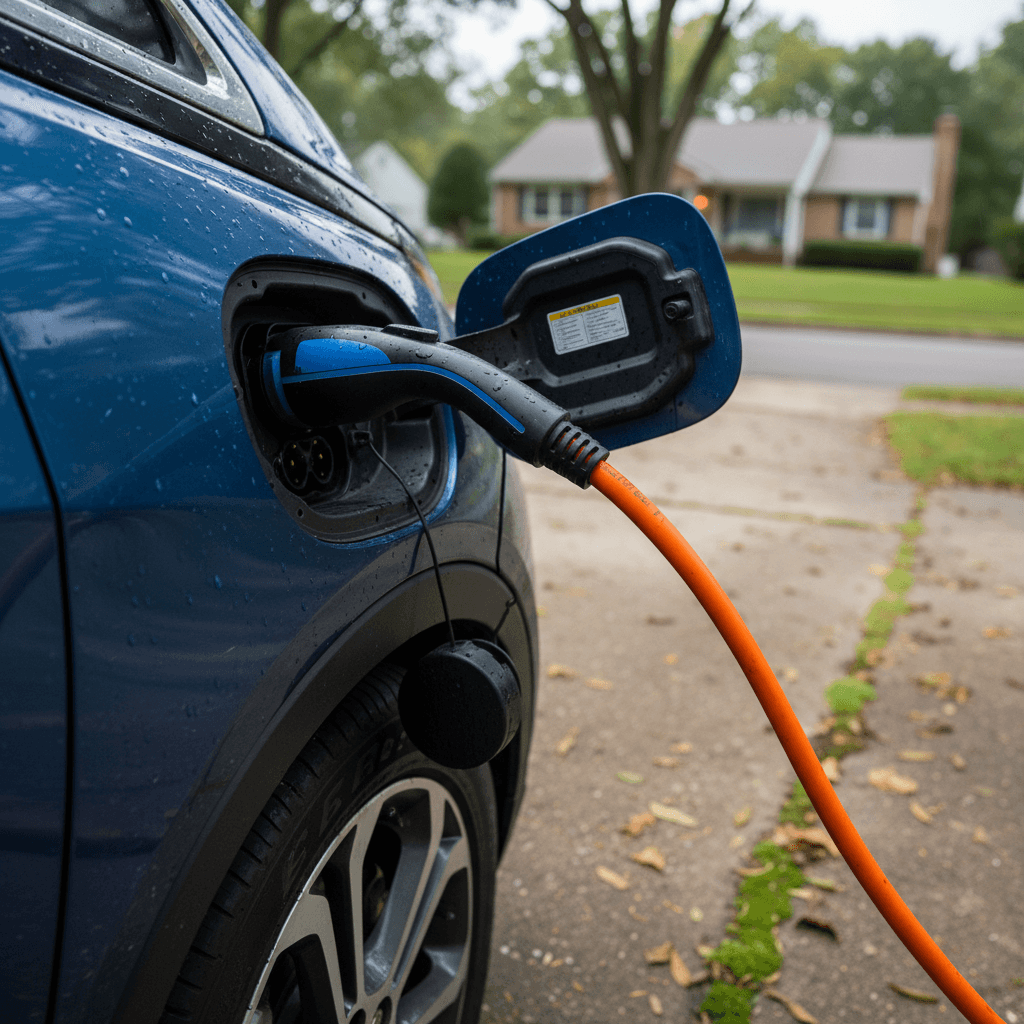 Charging cable plugged into the port of a compact used electric vehicle in a driveway