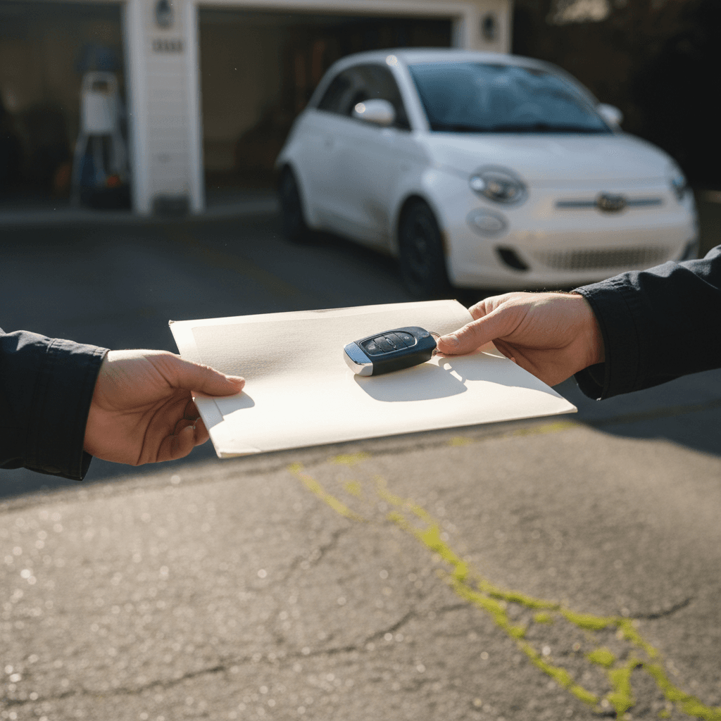 Seller and buyer standing next to a Fiat 500e reviewing battery health and paperwork before completing sale