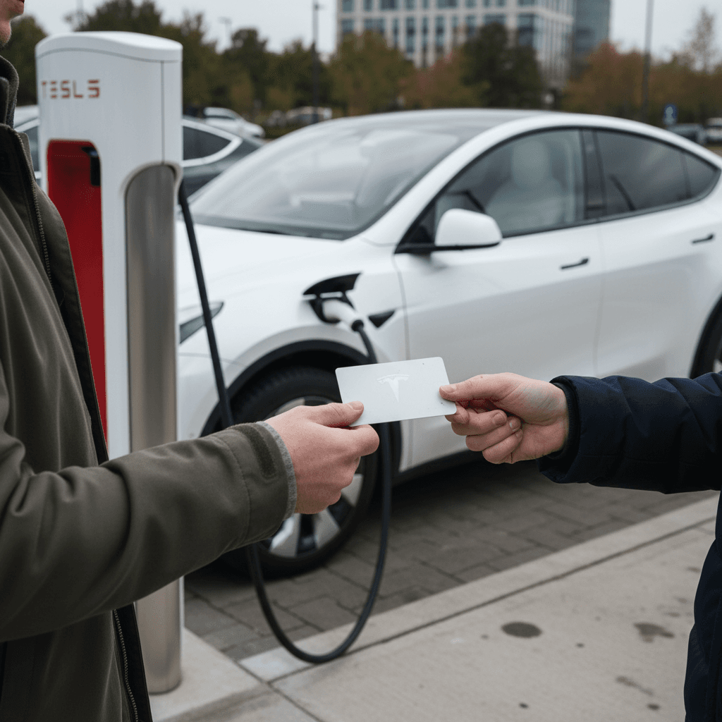 Seller and buyer shaking hands in front of a white Tesla Model Y plugged into a charger in New Jersey