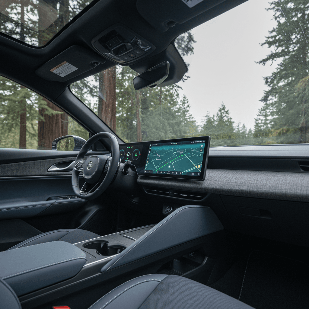 Fisker Ocean interior with large central touchscreen and panoramic glass roof