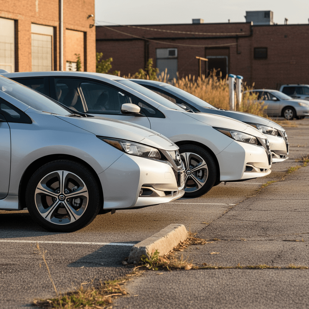 Three Nissan Leafs from different generations parked side by side showcasing evolving design and trim details