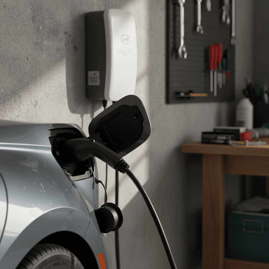 Hyundai Ioniq 6 plugged into a wall-mounted Level 2 home charger inside a residential garage