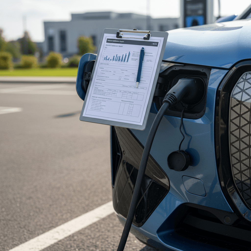 BMW iX plugged into a home charger with trade-in valuation paperwork on a clipboard in the foreground