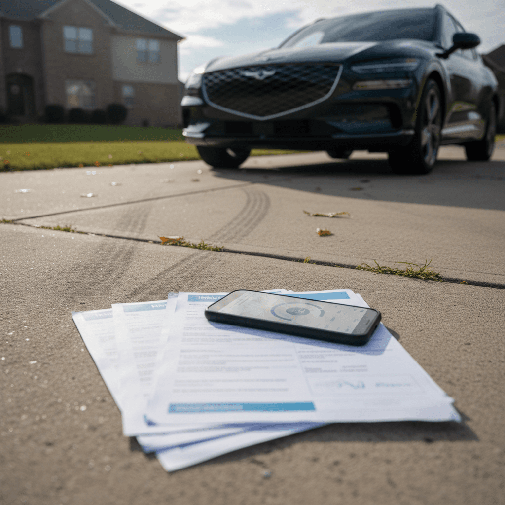 Genesis GV60 parked in a residential driveway with insurance papers and a smartphone app showing policy details