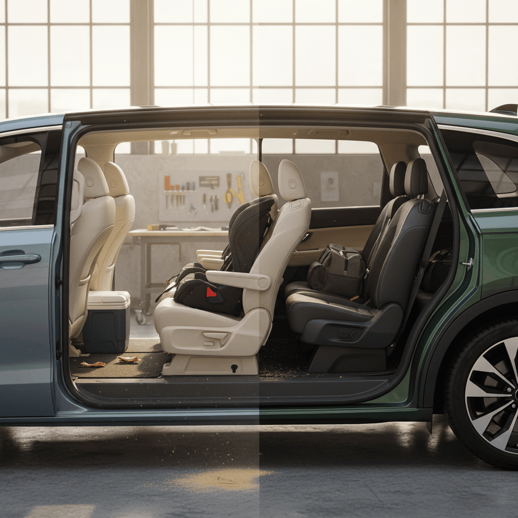 Side-by-side comparison of an electric minivan and a three-row electric SUV illustrating seating and cargo layouts