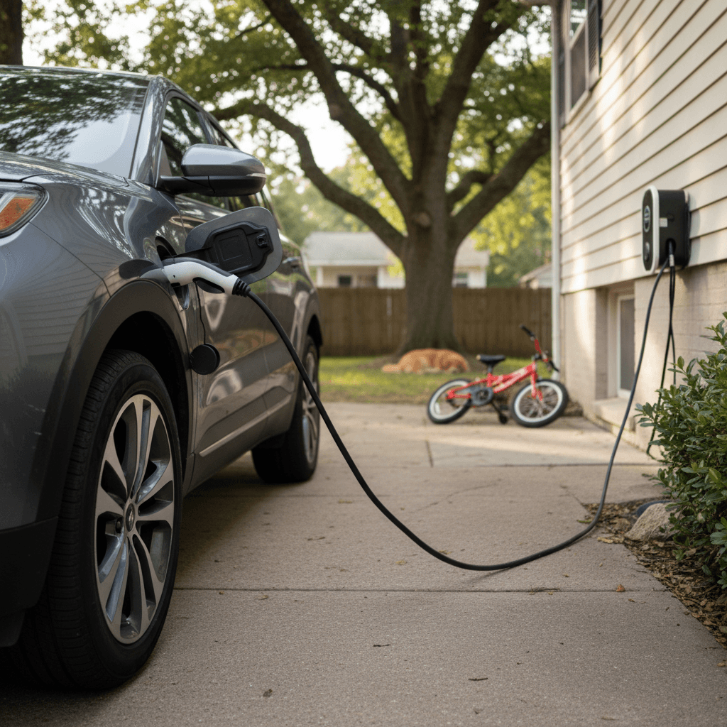 Family loading luggage into an electric AWD SUV parked in a suburban driveway