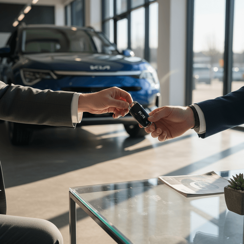 Seller and EV specialist discussing a 2024 Kia EV9 trade-in value in a bright EV showroom
