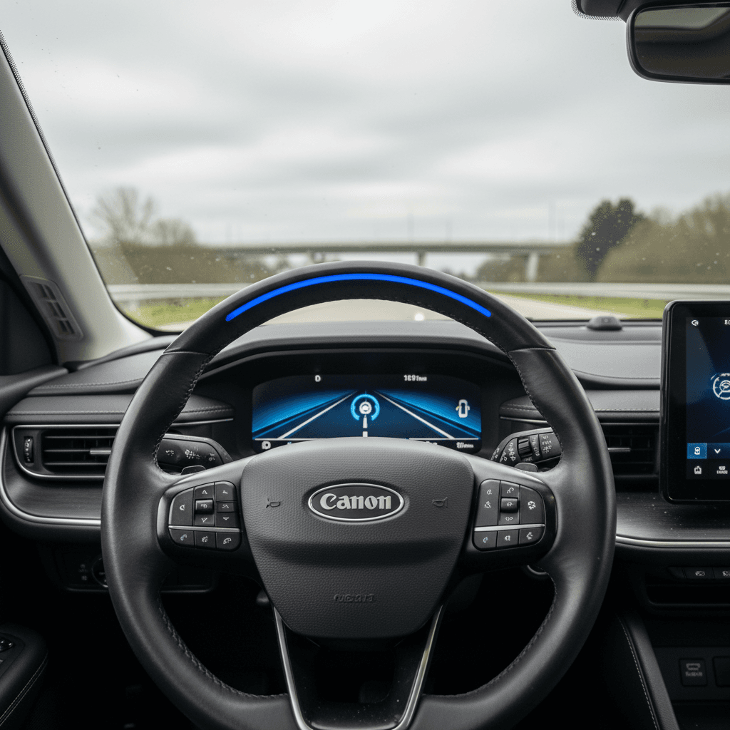 Driver’s hands briefly off the steering wheel while a hands-free driving indicator glows on an EV’s digital dashboard