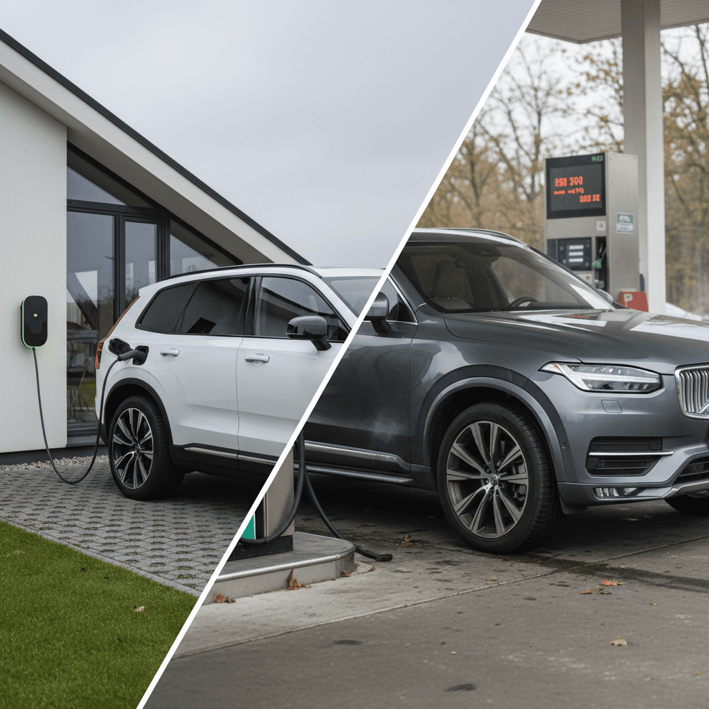 Volvo EX90 plugged into a home wallbox while a Volvo XC90 refuels at a nearby gas station, highlighting different energy costs.