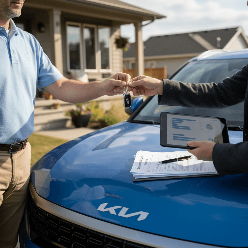 Owner reviewing a 2025 Kia EV9 battery health report on a tablet while the SUV charges in a driveway