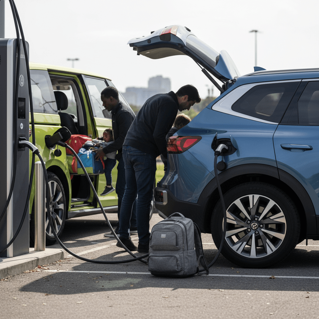 Kia EV9 SUV and Volkswagen ID. Buzz electric van parked at a fast charger with a family loading kids and luggage