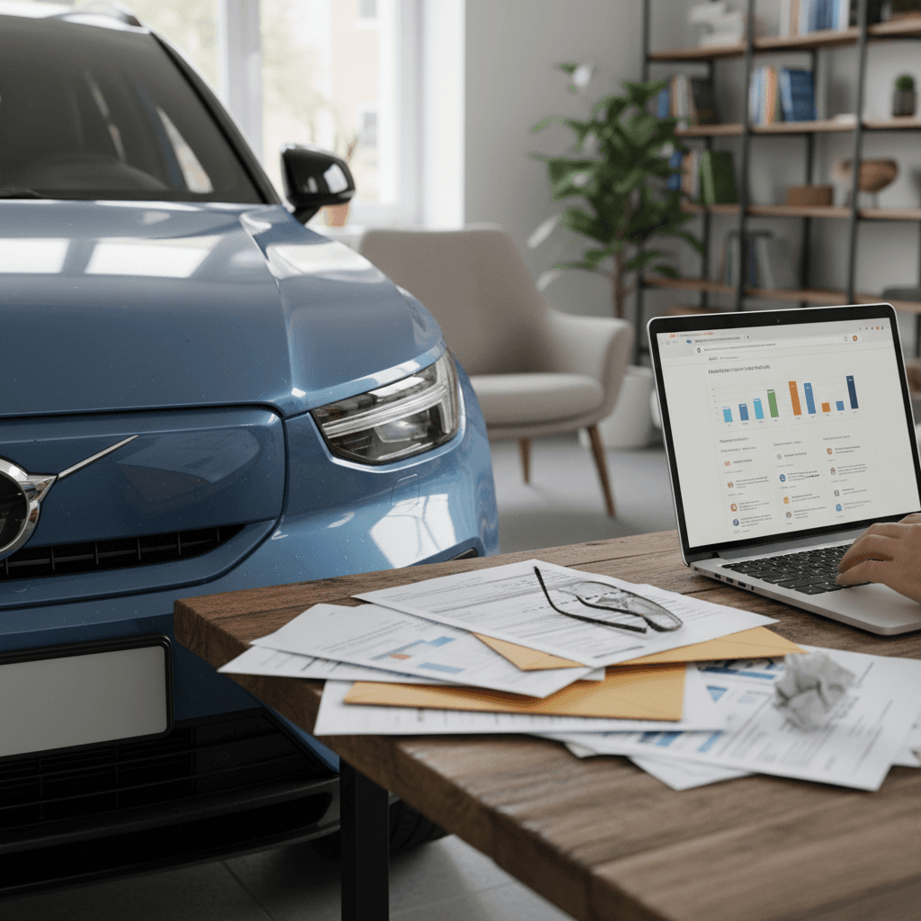 Owner reviewing insurance documents next to a Volvo C40 Recharge, laptop open with quote comparisons on screen