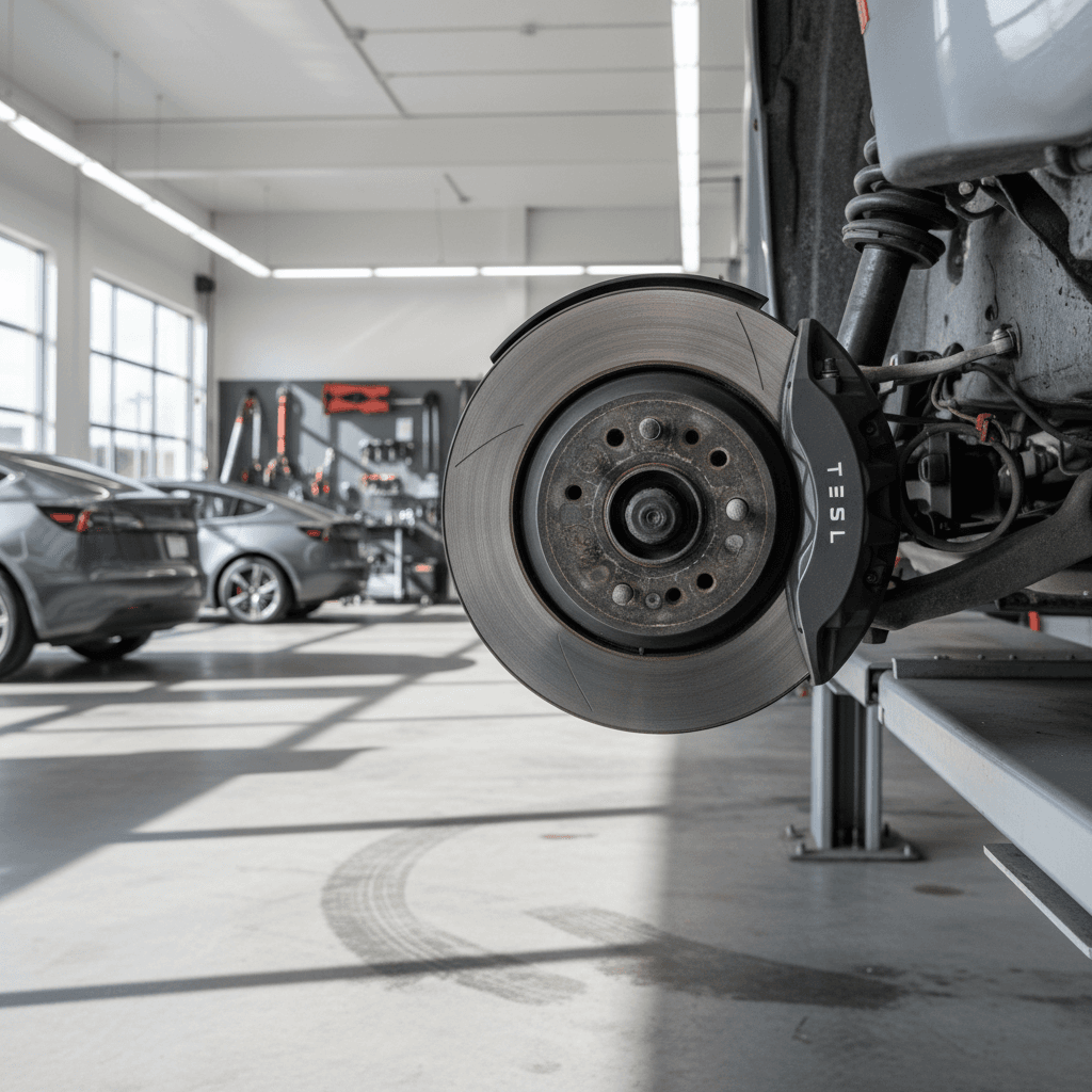 Tesla Model 3 wheel and brake assembly on a lift during routine service