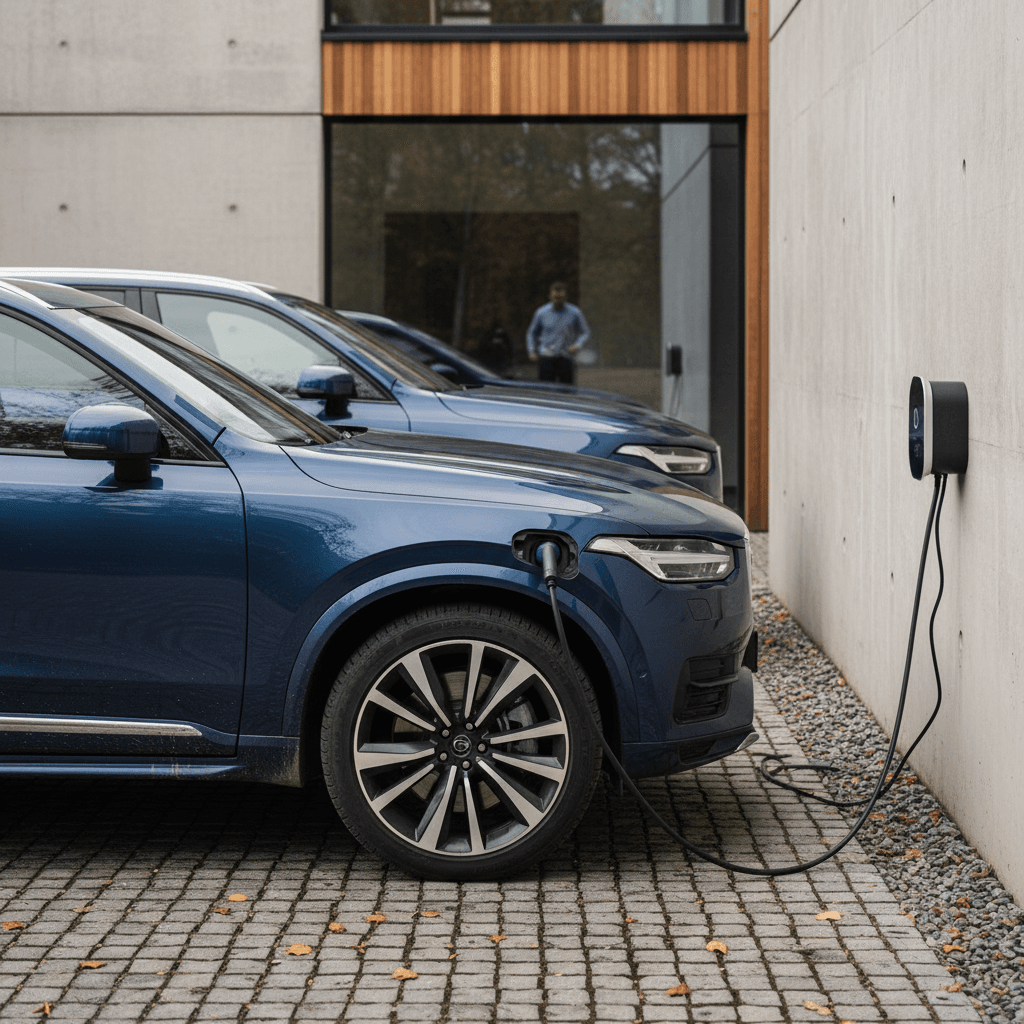 Volvo XC90 plug in hybrid and Volvo EX90 parked at a modern home, with the EX90 connected to a home Level 2 charger