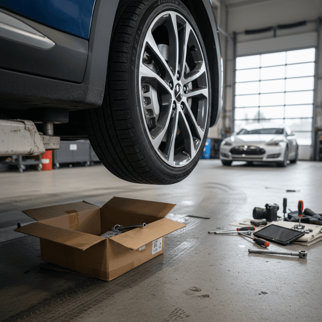 Technician inspecting front brake pads and rotors on a Kia EV9 raised on a lift