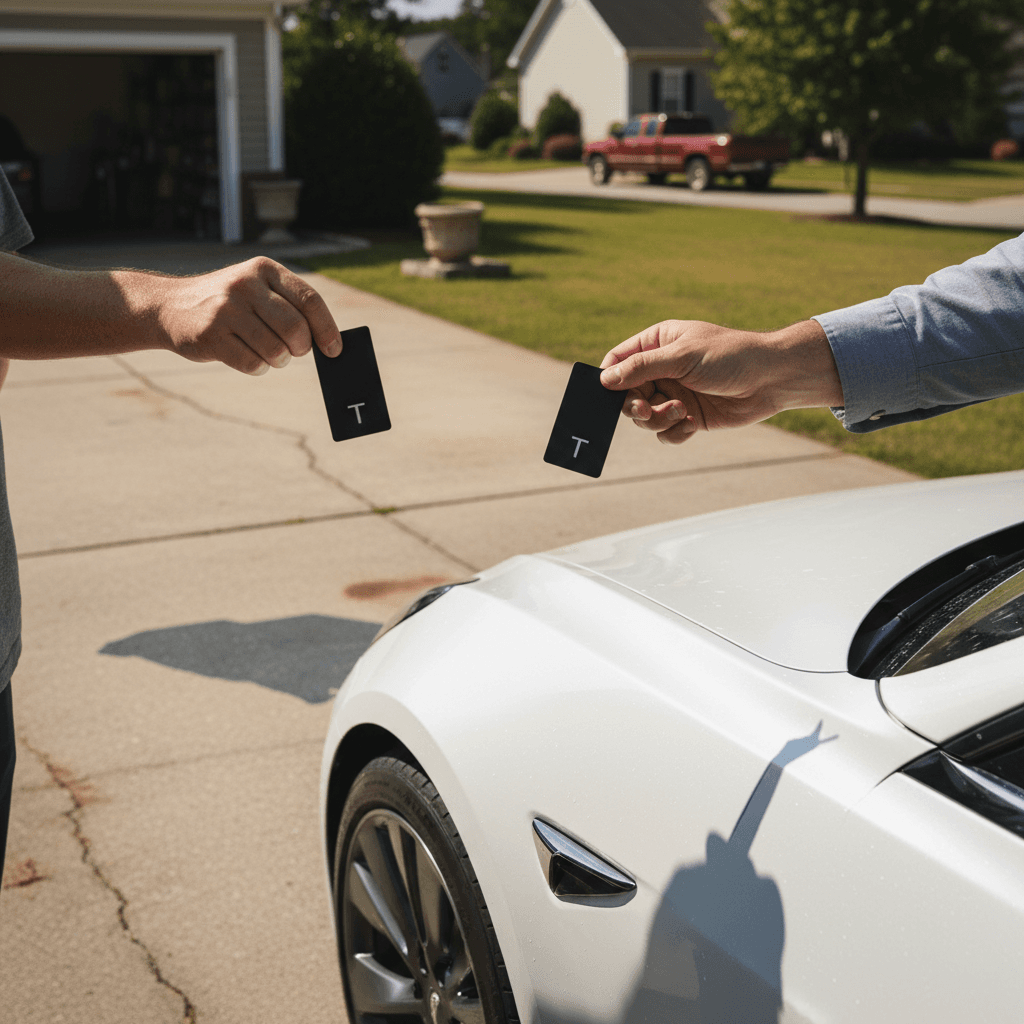 Seller and buyer completing paperwork next to a white Tesla Model 3 with a South Carolina plate in a suburban driveway