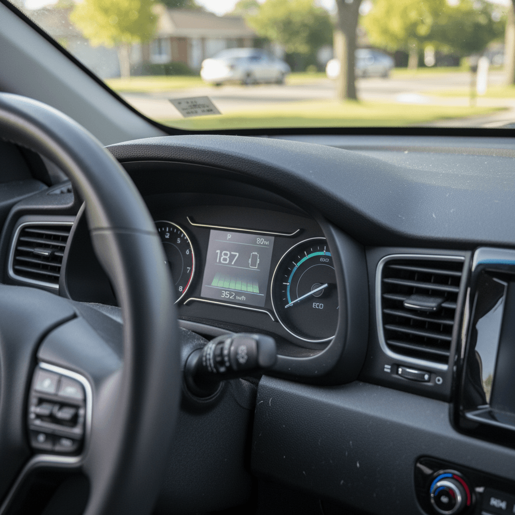 Digital instrument cluster of a Kia Niro EV showing remaining range, state of charge, and efficiency information