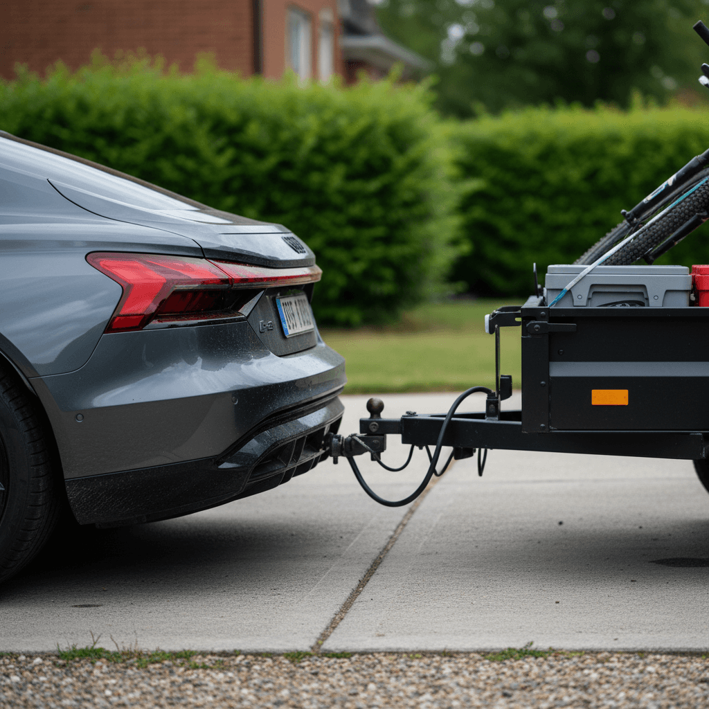 Audi e-tron GT with a small utility trailer attached to a hitch in a residential driveway