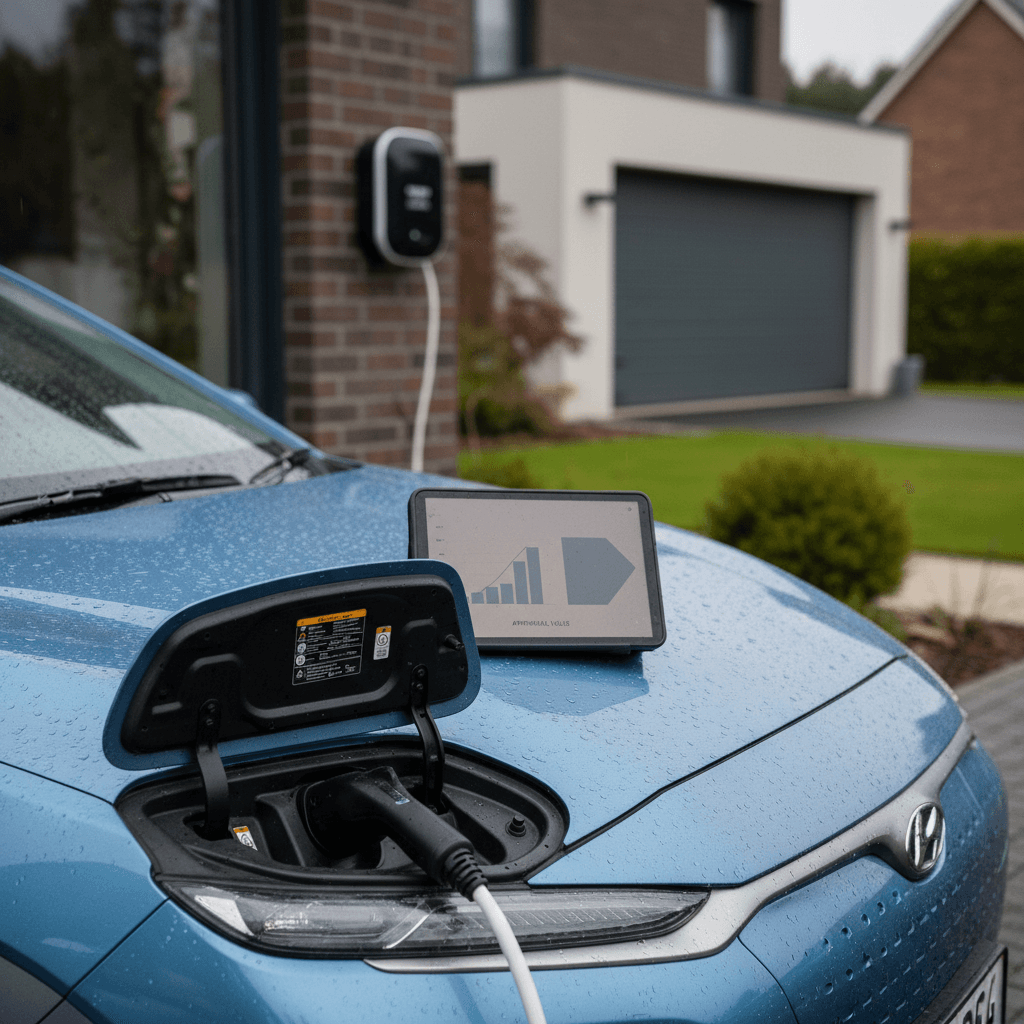 2024 Hyundai Kona Electric charging at home while an owner reviews battery health and estimated trade-in value on a tablet