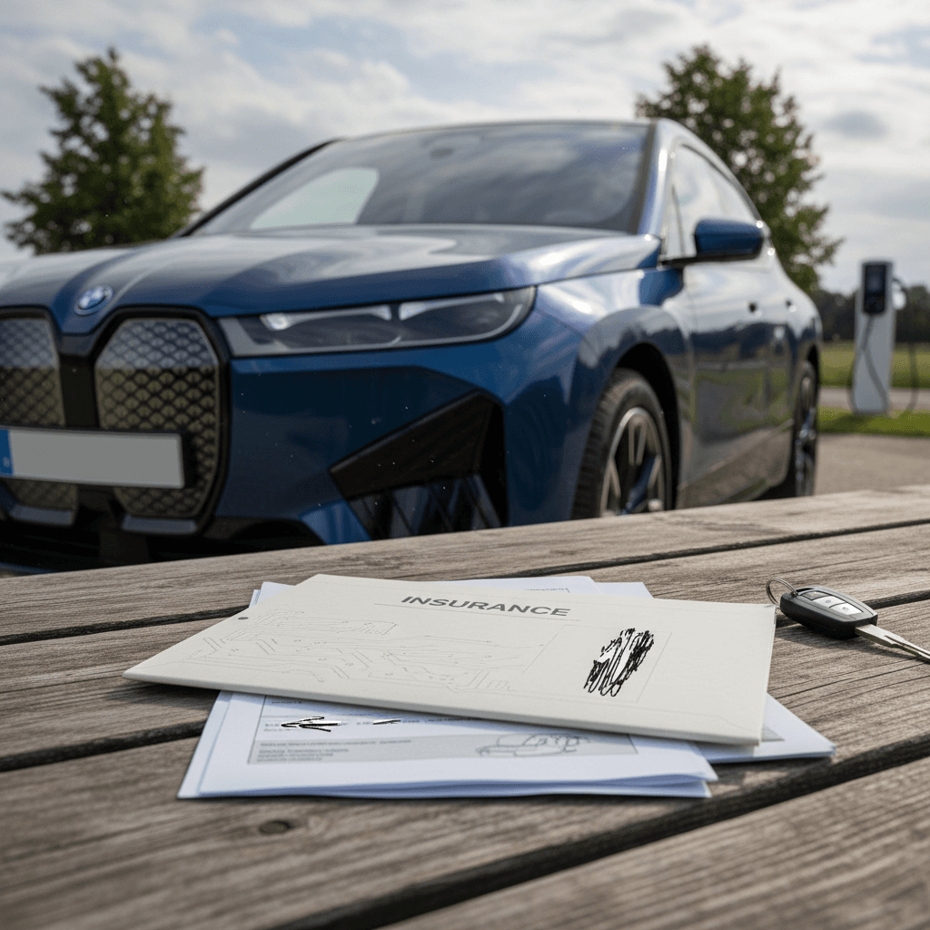 BMW iX front end parked in driveway next to insurance forms and a pen
