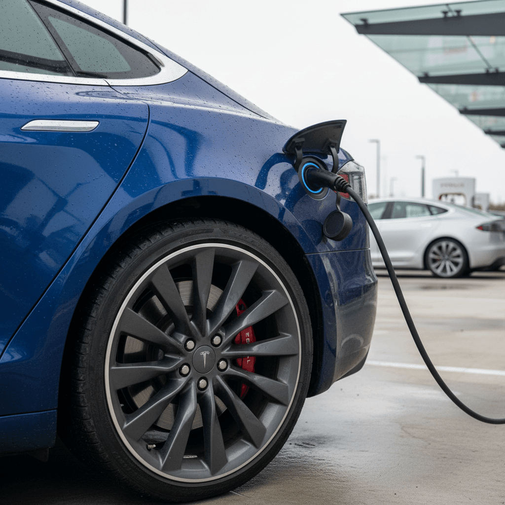 2025 Tesla Model S charging at a fast charger, highlighting wheel design and charge port