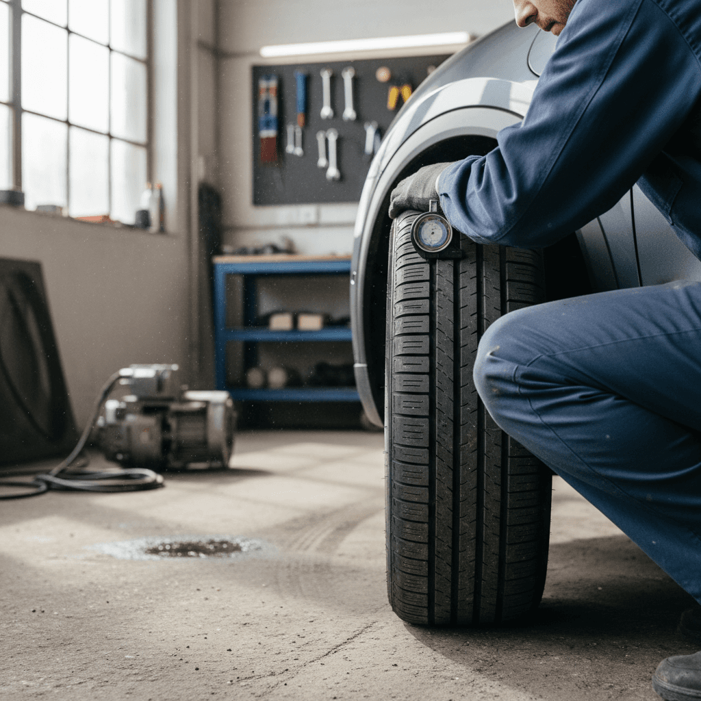Mechanic checking tread depth on a hybrid car tyre in a workshop