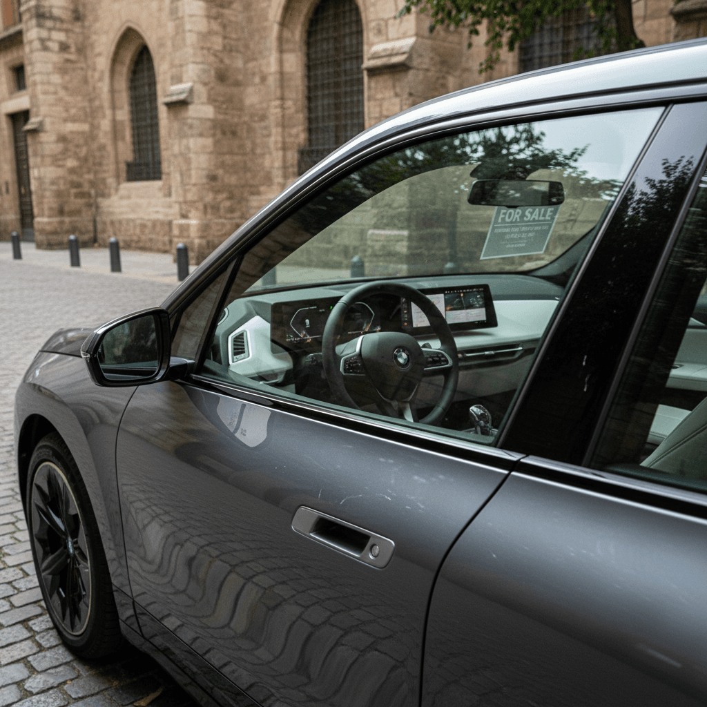 Clean, detailed BMW iX parked outdoors with for sale sign in windshield