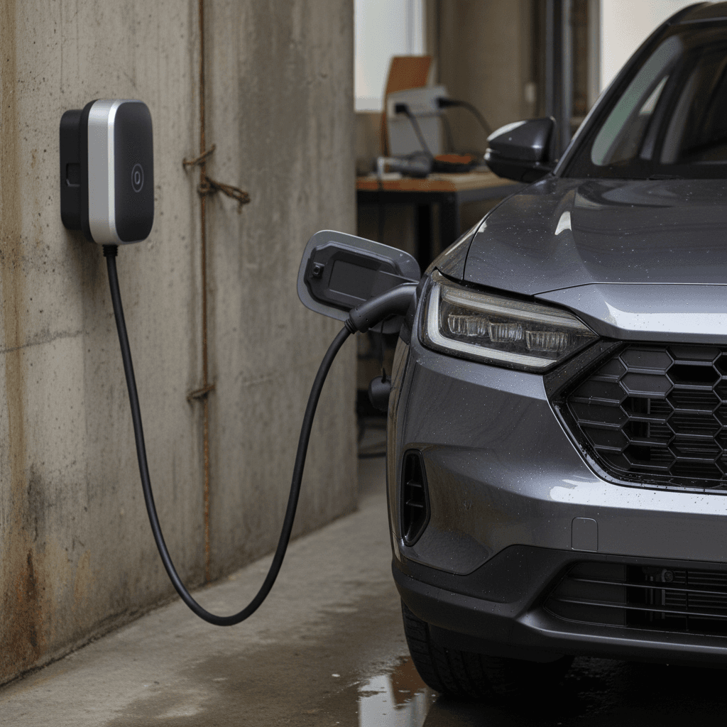 2024 Honda Prologue electric SUV charging at a home Level 2 charger in a modern driveway