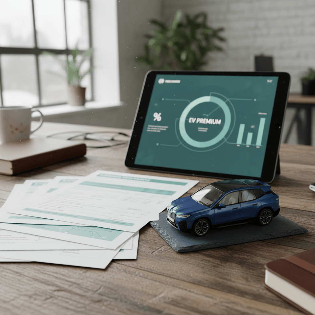 Car insurance paperwork and tablet with insurance quote beside a small model of an electric SUV