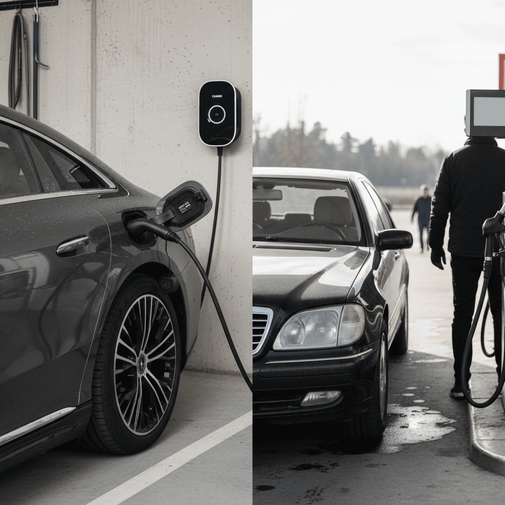Split view of a Mercedes EQS plugged into a home charger and a Mercedes S-Class refueling at a gas station, illustrating energy cost differences.