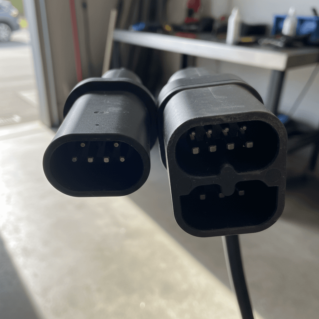 Side-by-side photo of NACS and CCS1 EV charging connectors showing the size and pin layout differences