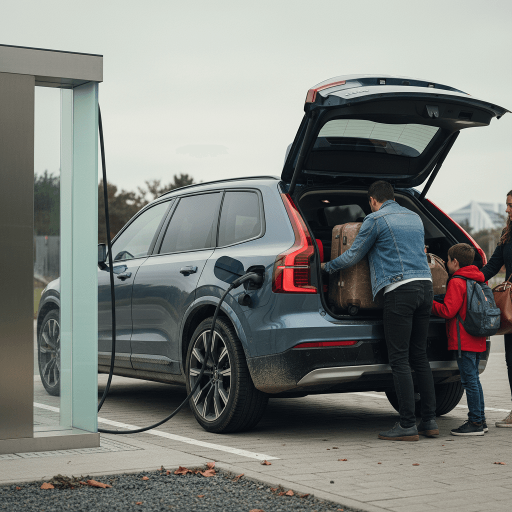 Family loading bags into a Volvo EX90 while it charges at a public station