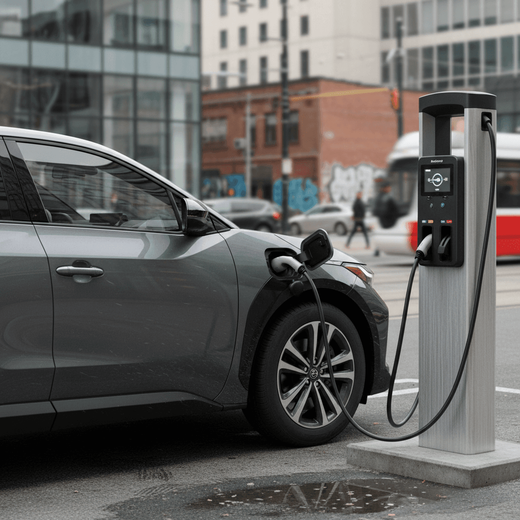 Used 2025 Toyota bZ4X plugged into a DC fast charger at an urban station