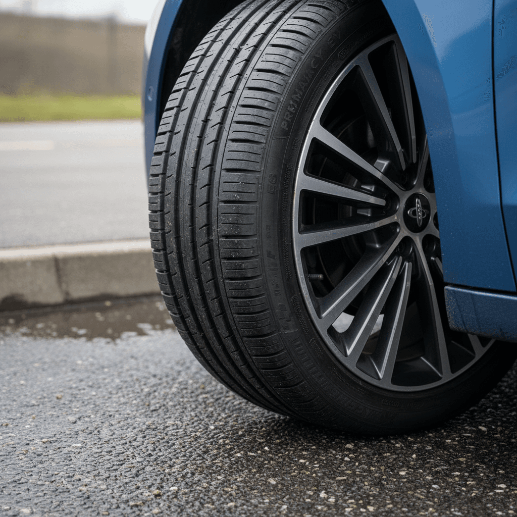 Closeup of an EV-specific tire rolling on pavement, highlighting tread that favors low rolling resistance.
