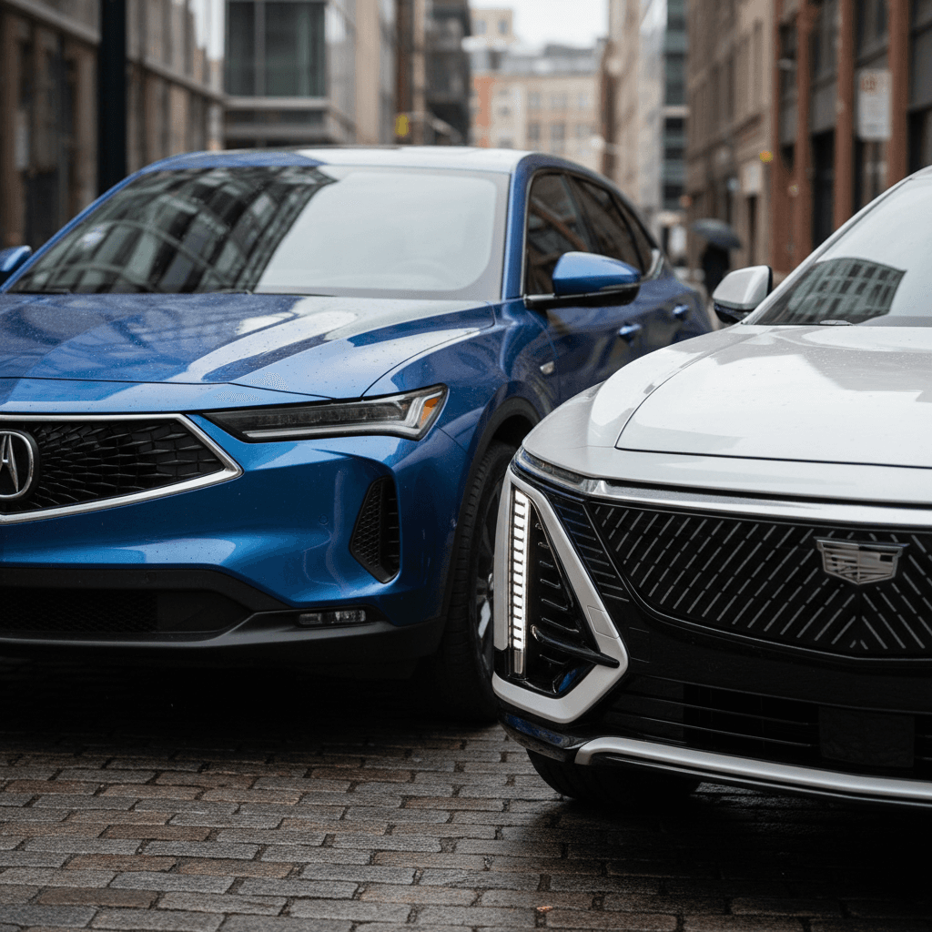 Acura ZDX and Cadillac Lyriq parked together highlighting their contrasting front-end designs