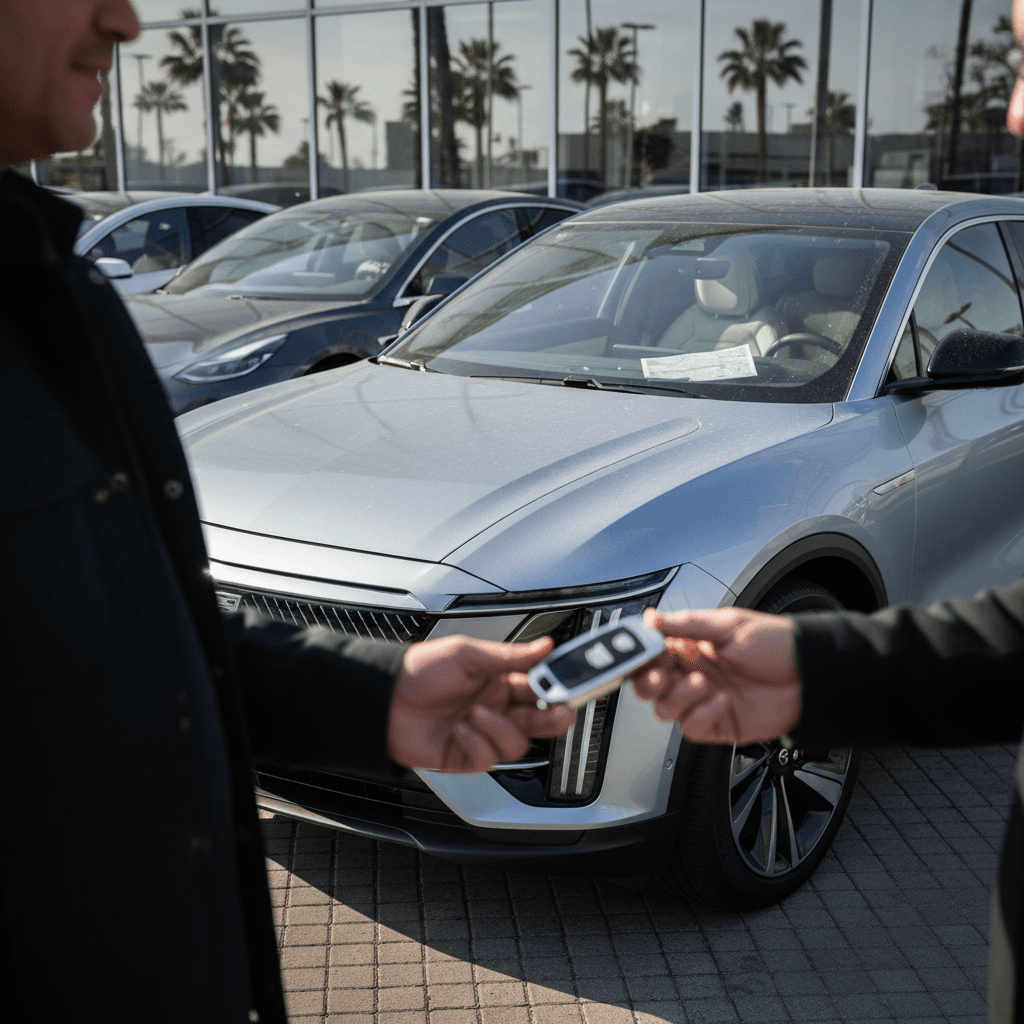Cadillac Lyriq owner handing key fob to buyer at a dealership lot, representing selling the electric SUV
