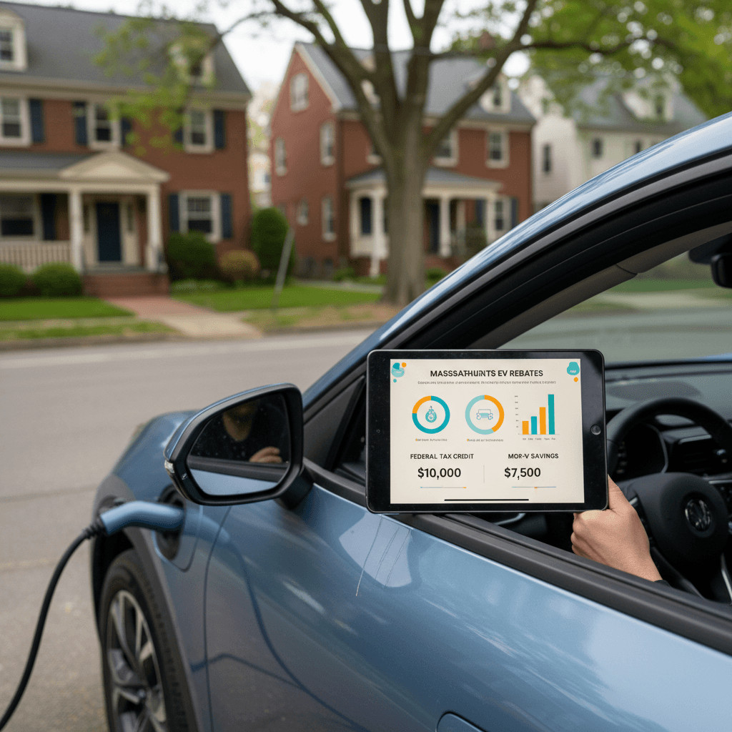 Massachusetts driver reviewing EV rebate and tax credit details on a tablet beside a parked electric car