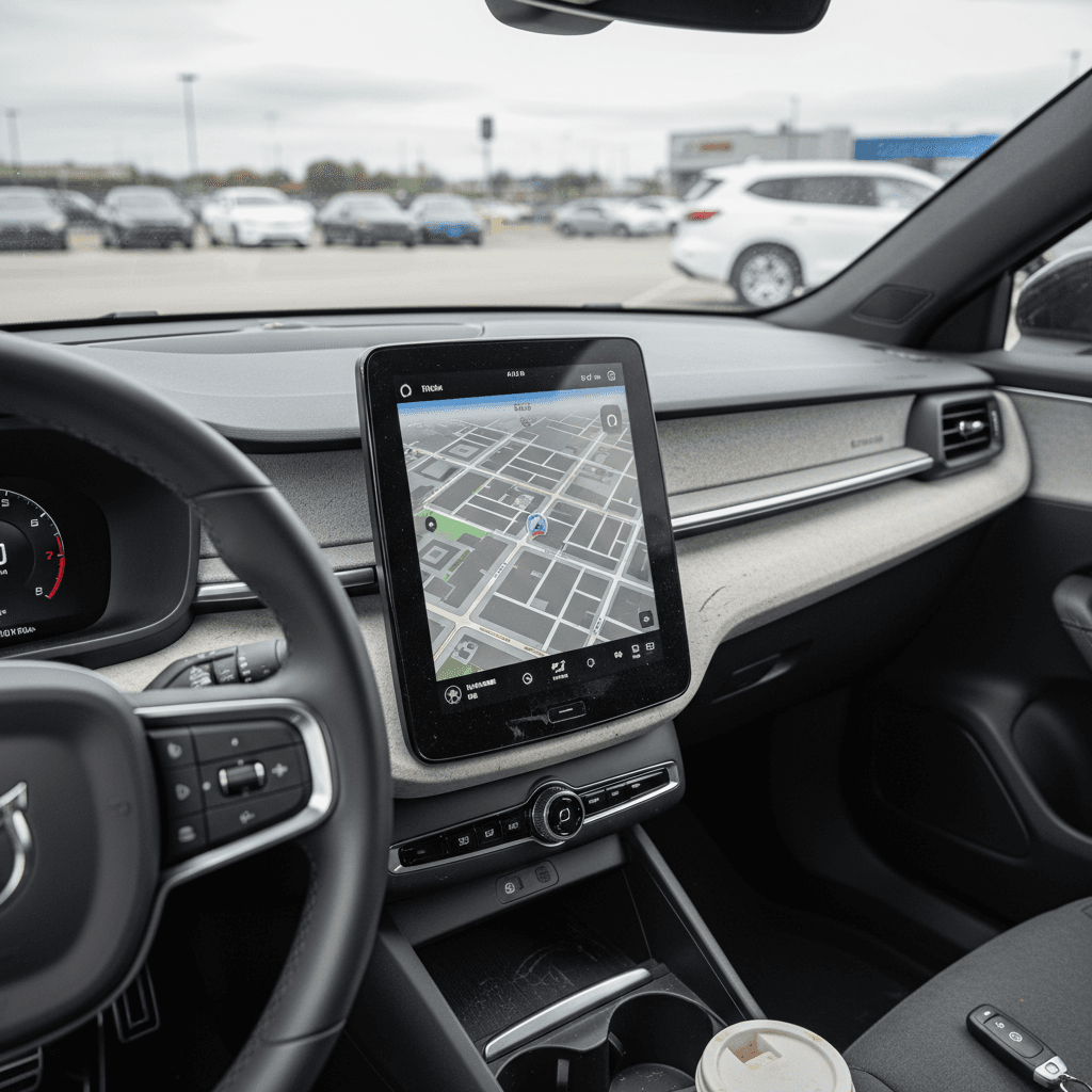 Inside view of a 2021 Polestar 2 cabin showing the central touchscreen and digital driver display
