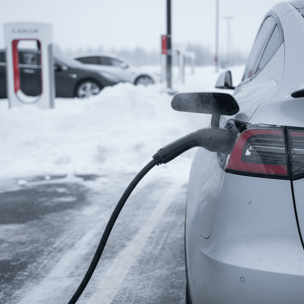 Tesla Model Y charging at a Supercharger station in a snowy parking lot during winter
