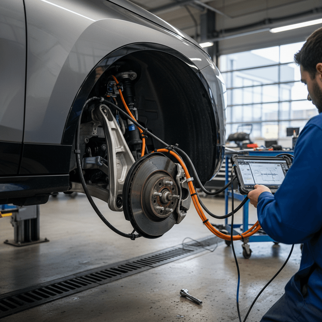 Technician inspecting the front suspension and steering components of a BMW iX on a lift