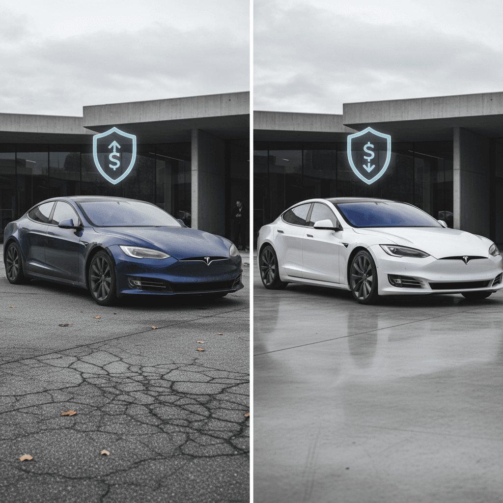 New and used Teslas side by side with stylized icons showing different insurance premium levels above each car