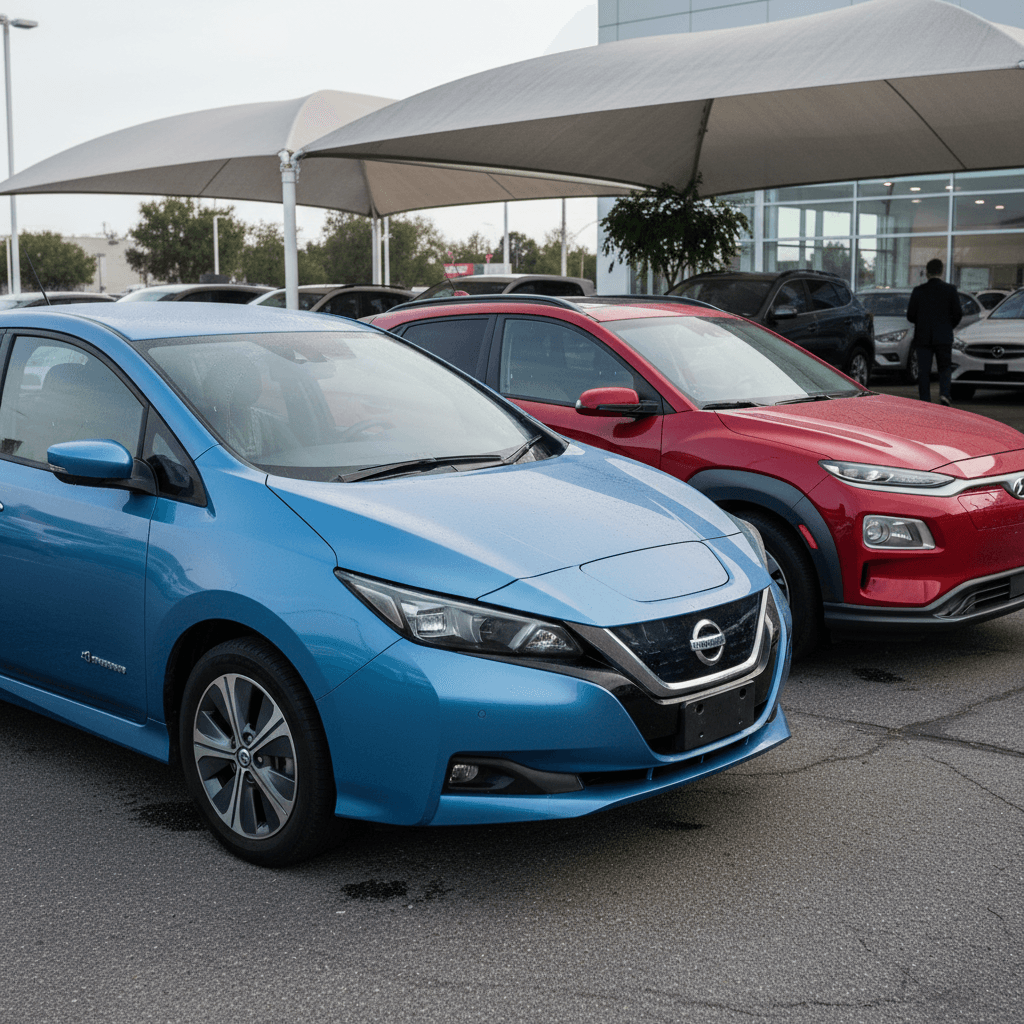 Used Nissan Leaf and Hyundai Kona Electric parked side by side in a dealership lot for comparison