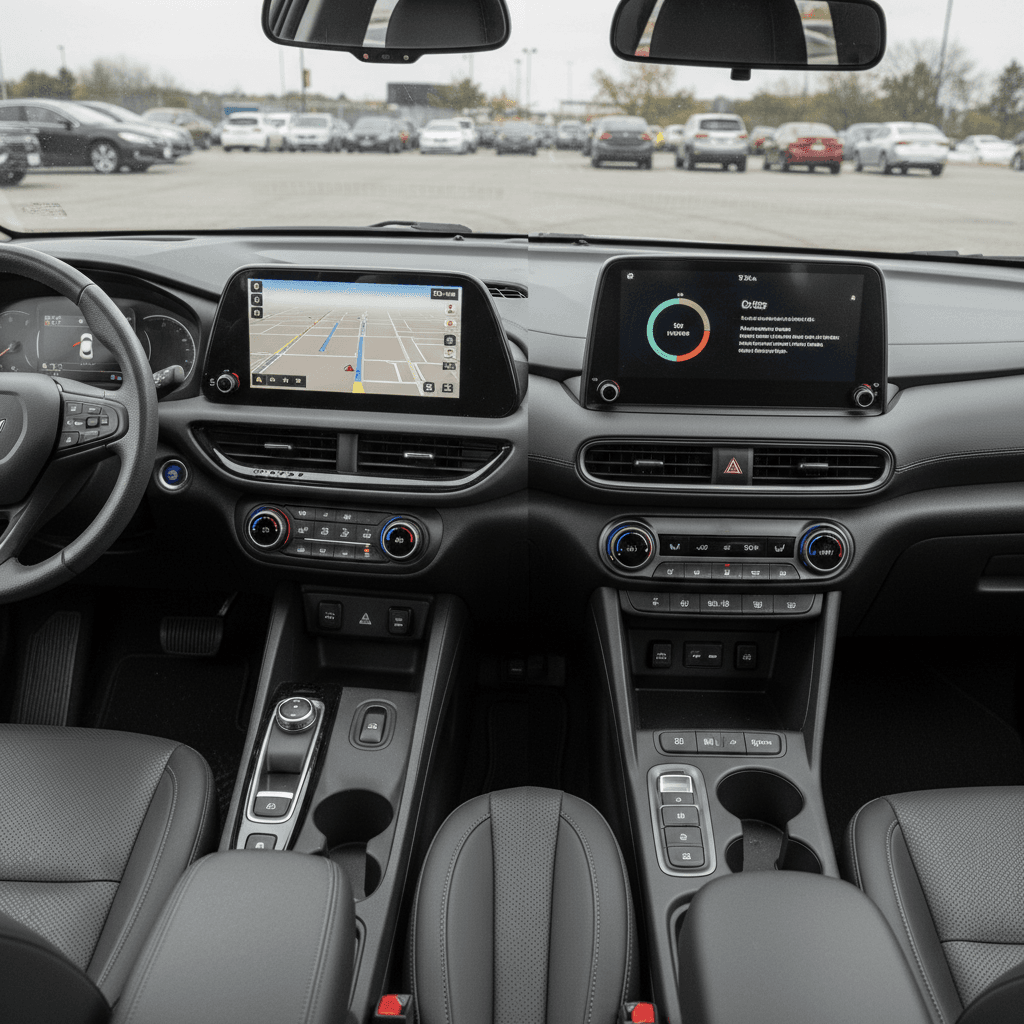 Side-by-side view of Chevy Bolt EUV and Hyundai Kona Electric interiors showing seating space and dashboards