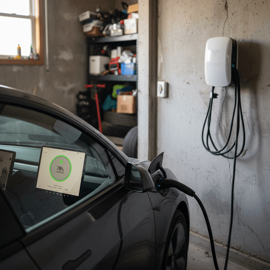 Tesla Model 3 charging at a home wall connector with state of charge displayed on center screen