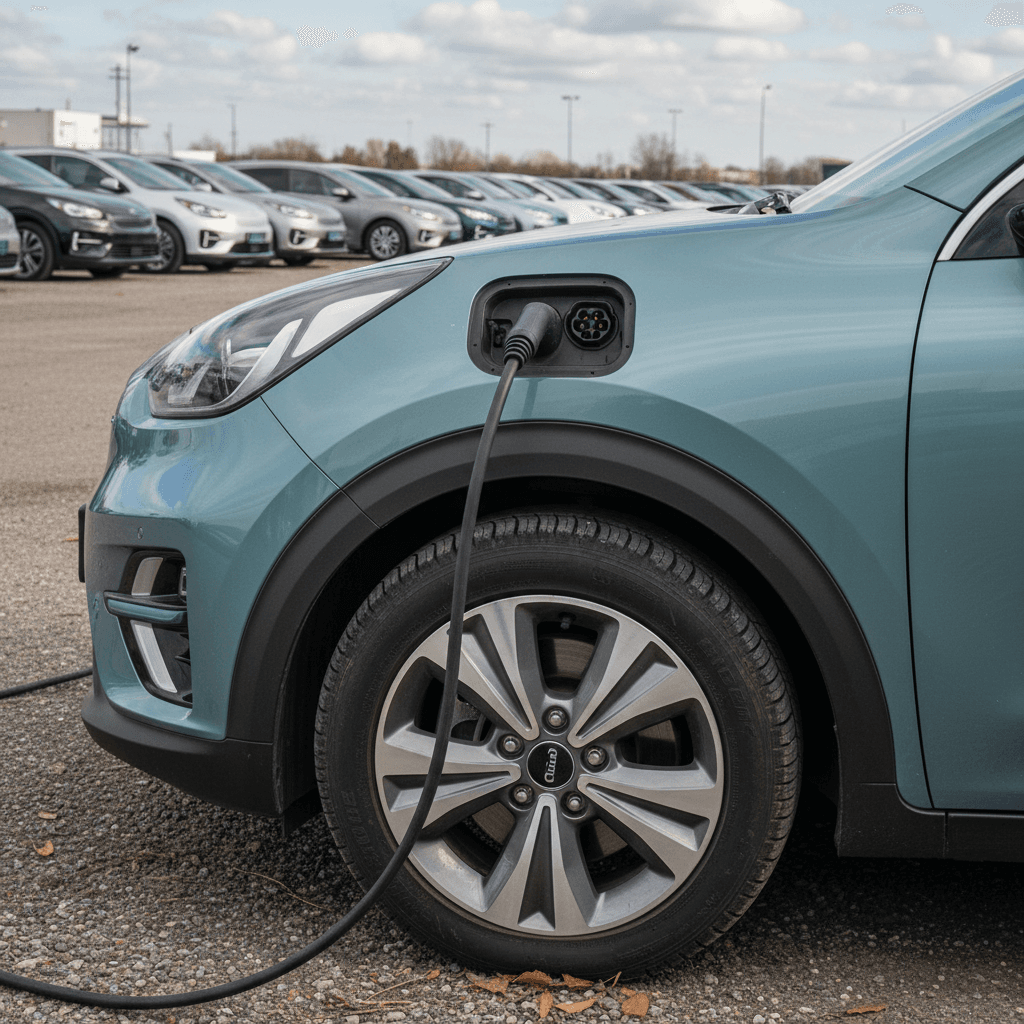 Close-up of a Kia Niro EV charging port and wheel in a used EV lot