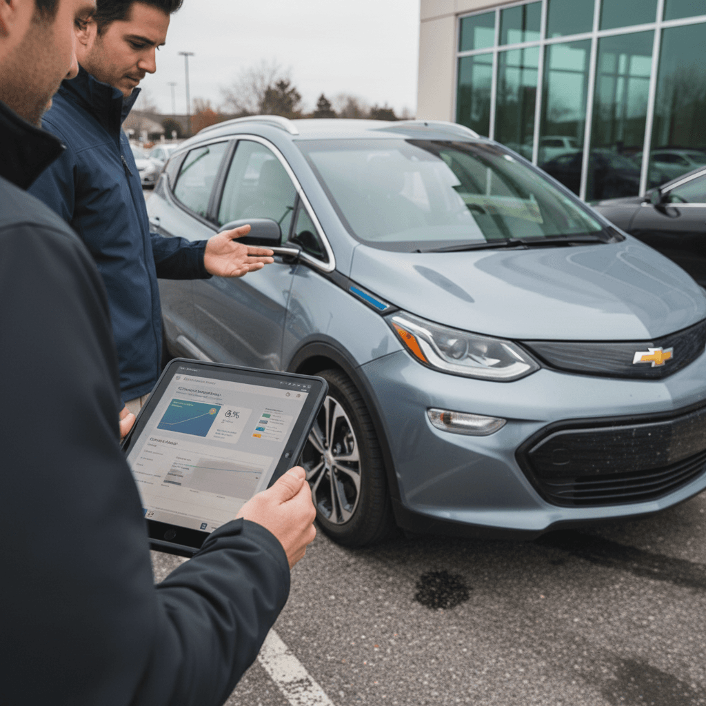 Owner and buyer reviewing a battery health report before selling a 2021 Chevrolet Bolt EV