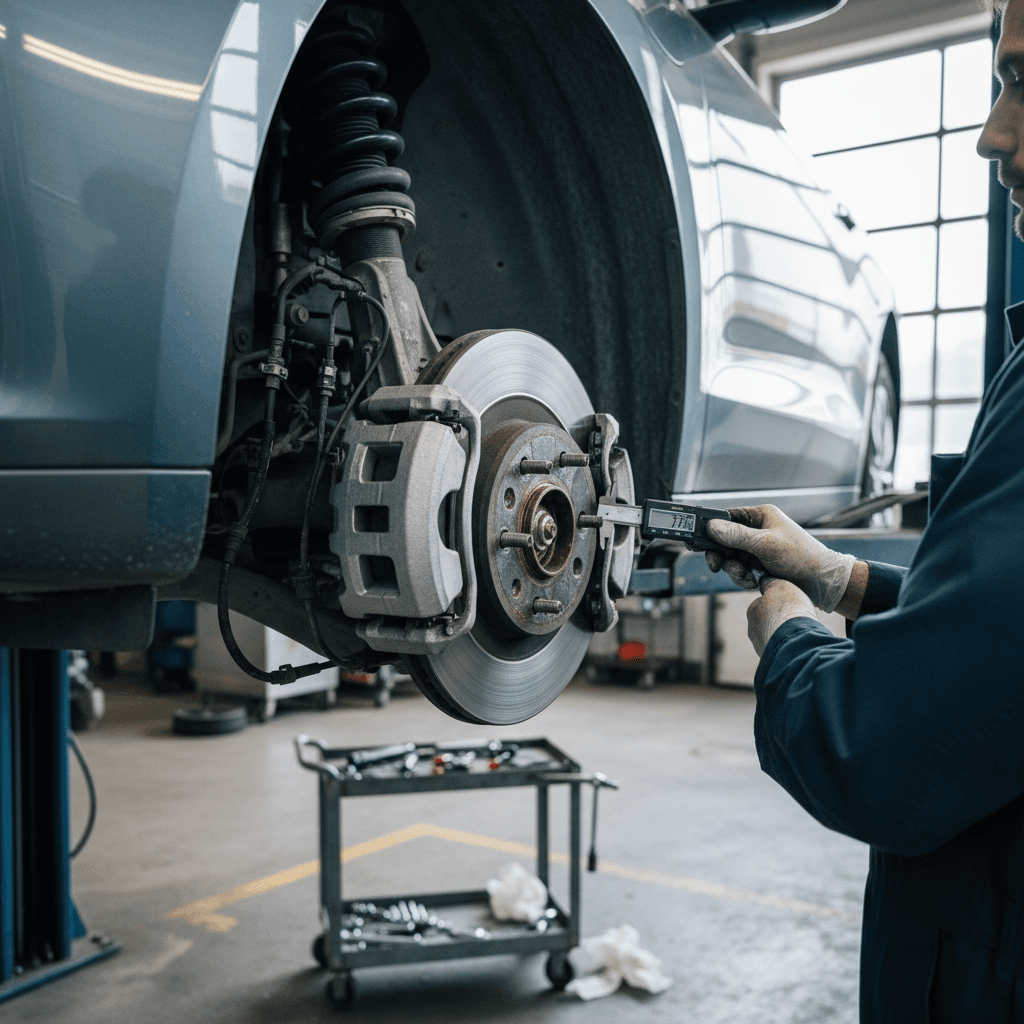 Technician inspecting brake pads and rotors on a lifted electric vehicle during routine maintenance