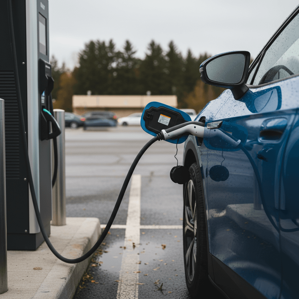 Blue 2022 Volkswagen ID.4 connected to a DC fast charger at a roadside charging station