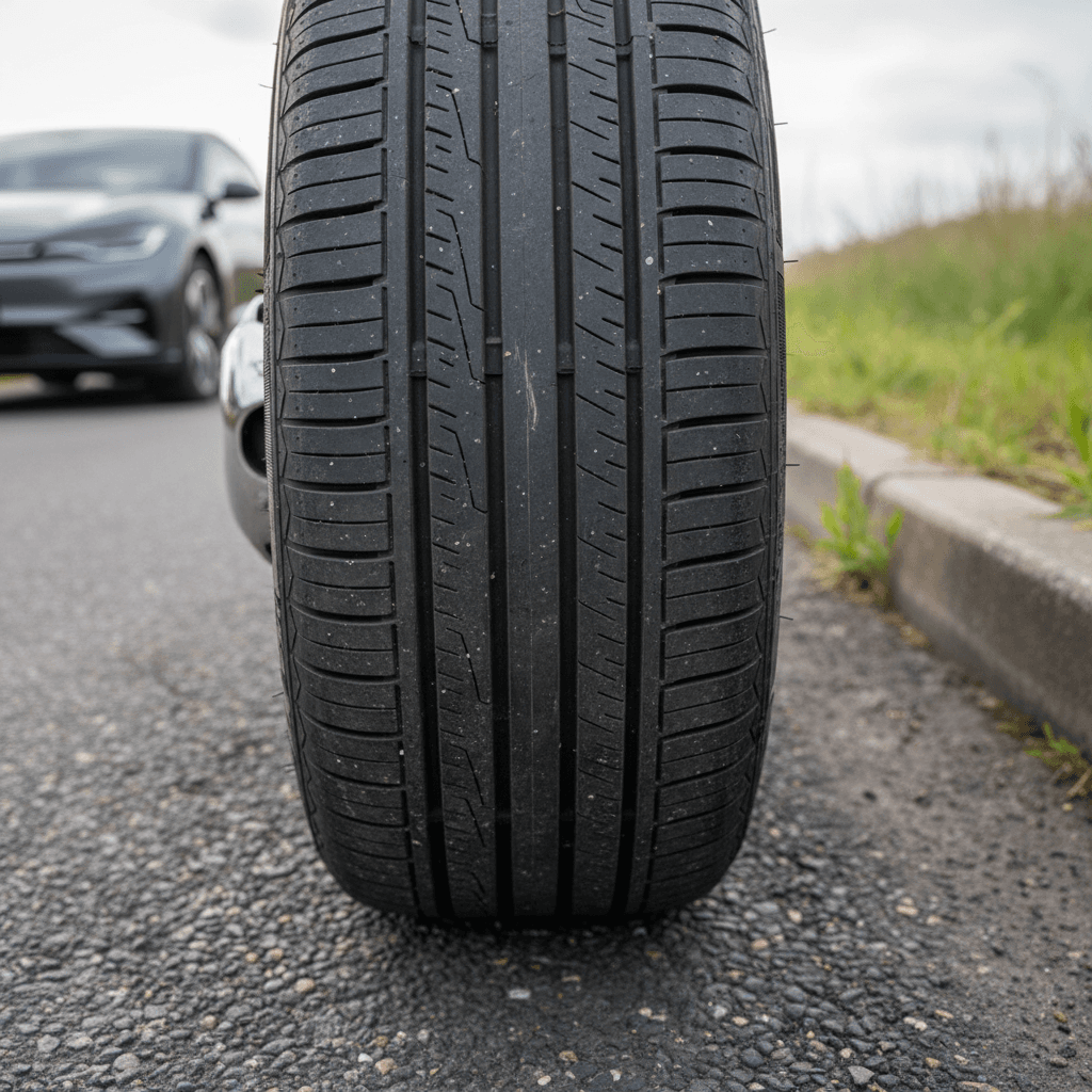 Closeup of an electric car tire on the road, highlighting tread and sidewall