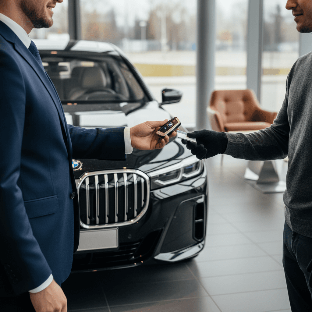 Owner handing over keys to a BMW i7 electric sedan in a dealership setting